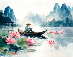 Watercolor of An old man rowing a boat in a pond with lotus flowers.