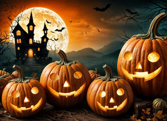 Halloween event background with charming upscale pumpkins. Premium illustration for banners, posters, greetings and Halloween celebrations.