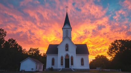 Fototapeta premium A white church with a tall steeple stands silhouetted against a vibrant orange and pink sunset sky.