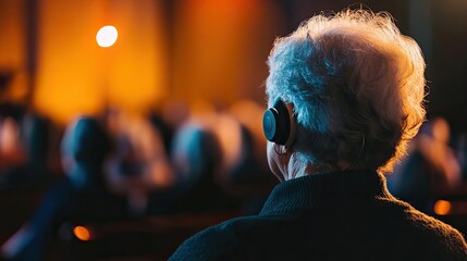 Obraz premium Older Person Listening to Audio Through Hearing Aids in a Dark Room