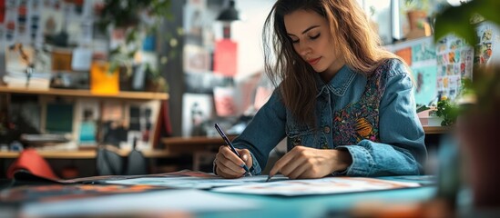 Woman artist drawing in her studio with her hand on the table.