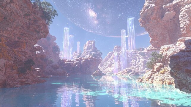 Futuristic Alien World: Serene Lake Amidst Luminescent Rocks and Strange Flora in Hyperrealistic 3D Rendering