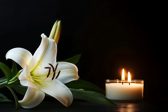 beautiful white lily and burning candle on black background with copy space for text, funeral card concept