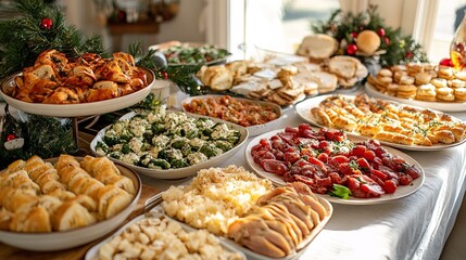 Fototapeta premium Christmas dinner table full of dishes with food and snacks