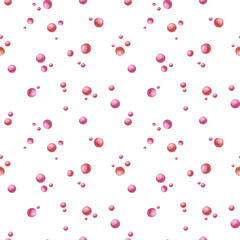 Pink balls, pearls. Seamless abstract pattern on a white background painted with watercolors. For design, textile, fabric, packaging, scrapbooking