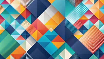 A vibrant geometric composition of intersecting squares and triangles with overlapping patterns and vibrant hues.