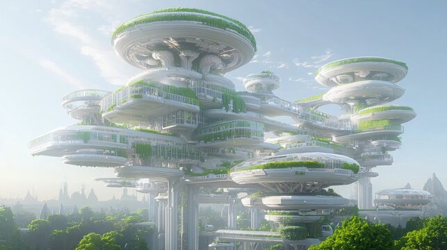 Envisioning Advanced Alien Civilization: Hyperrealistic 3D Rendering of Futuristic Cityscape with Aerial Highways and Vertical Gardens