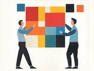 Obraz premium Two men holding colorful geometric shapes, abstract teamwork and collaboration concept, modern art illustration