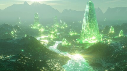 Obraz premium Futuristic Alien Civilization: Majestic Hyperrealistic 3D Rendering of Glowing Mountain Range with River of Light