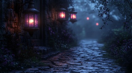 Fototapeta premium Mysterious Lantern-Lit Pathway at Night Generative AI