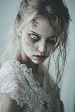 close up portrait of a woman zombie