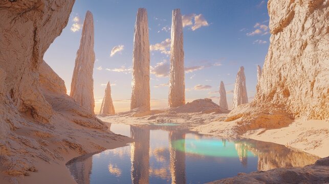 Otherworldly Oasis: Advanced Alien Civilization's Spectacular Landscape with Shimmering Lake and Vibrant Sunset