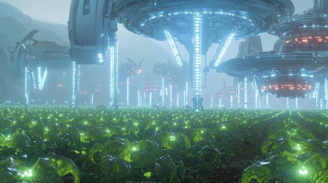 Futuristic Alien Civilization: Hyperrealistic 3D Rendering of Advanced Agricultural Landscape with Glowing Crops and Automated Drones