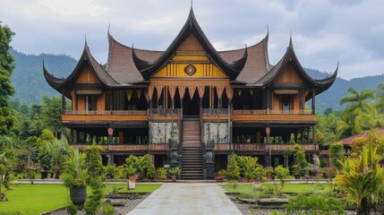 Obraz premium Traditional Indonesian house with ornate carvings and a lush garden.