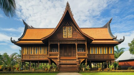 Obraz premium Traditional wooden house with intricate carvings and a tiled roof.