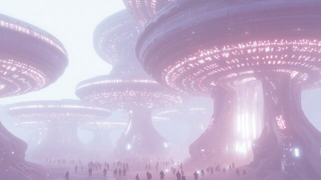 Cybernetic Metropolis: Hyperrealistic 3D Rendering of a Futuristic Alien Cityscape at Dusk with Diverse Extraterrestrial Beings and Illuminated Pathways