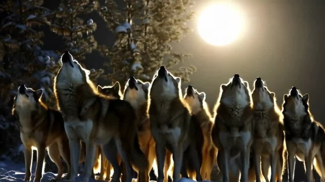 A pack of wolves howling at the moon in a snowy forest.