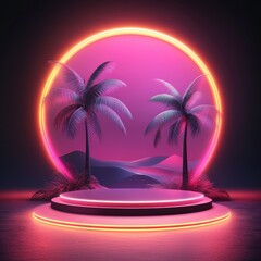 Obraz premium Neon Palm Trees and Sunset Podium
