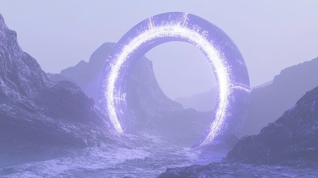 Otherworldly Marvels: Hyperrealistic 3D Rendering of Advanced Alien Civilization's Majestic Archway Carved into Misty Mountain, Glowing with Energy