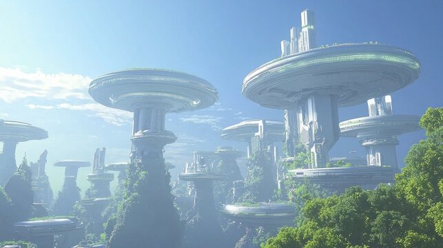 Futuristic Alien Metropolis: Hyperrealistic 3D Rendering of Advanced Civilization Blending Technology and Nature in Epic Landscapes