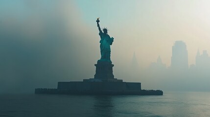 Fototapeta premium The Statue of Liberty in the Distance with a Skyline Behind it.