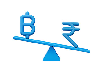 3d Blue Baht And Rupee Symbol Icons With 3d Blue Balance Weight Seesaw, 3d illustration
