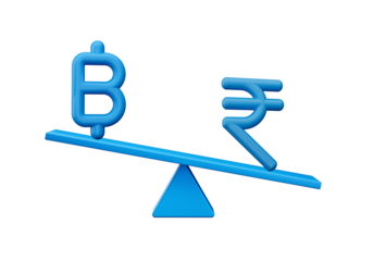 3d Blue Baht And Rupee Symbol Icons With 3d Blue Balance Weight Seesaw, 3d illustration
