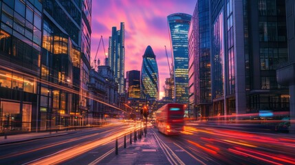 Obraz premium A long exposure shot of a street in London, UK. The city is full of skyscrapers and a red bus drives through the traffic. The sky is pink and purple with clouds.