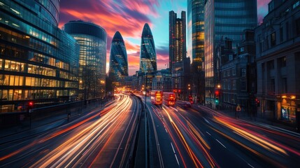 Fototapeta premium Cityscape with skyscrapers, light trails from traffic, and colorful sunset.