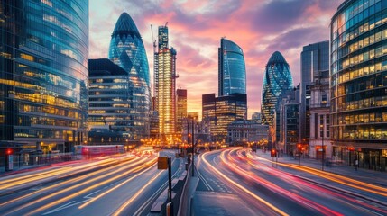 Obraz premium Cityscape with skyscrapers and traffic light trails at sunset.