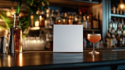 Blank flyer on a bar counter in a chic restaurant, cocktails nearby