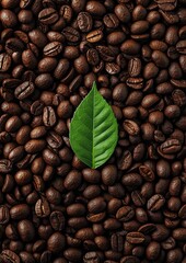 Obraz premium Coffee beans with vegan leaf logo in the middle, plant-based milk cup, Vegan Coffee, simple eco-concept
