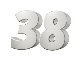 Silver 3d numbers 38 thirty eight. Isolated white background 3d illustration
