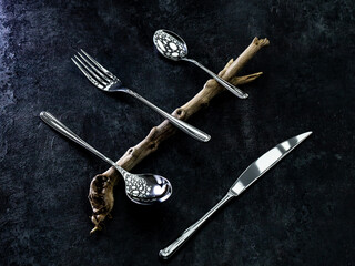 Composition of cutlery spoon fork knife dessert spoon