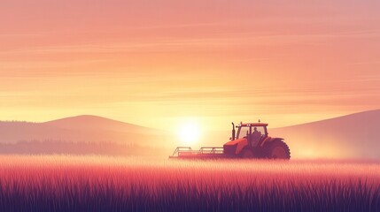 A red tractor is driving through a field of tall grass
