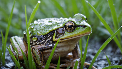 Obraz premium Macro shot of a frog sitting on damp grass, showcasing the texture of its moist skin and the surrounding dew.