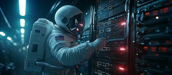 Astronaut works on server racks in zero gravity, depicting advanced data center operations.