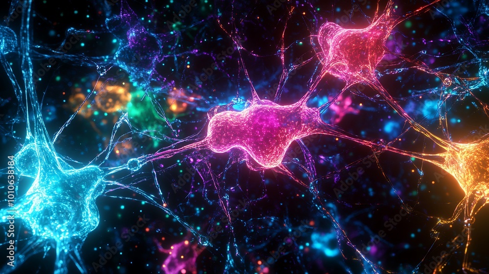Poster Abstract colorful glowing neuron network with glowing connections.
