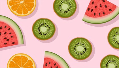 Vector illustration of halved and sliced watermelon, oranges, and kiwis on a pastel pink background.