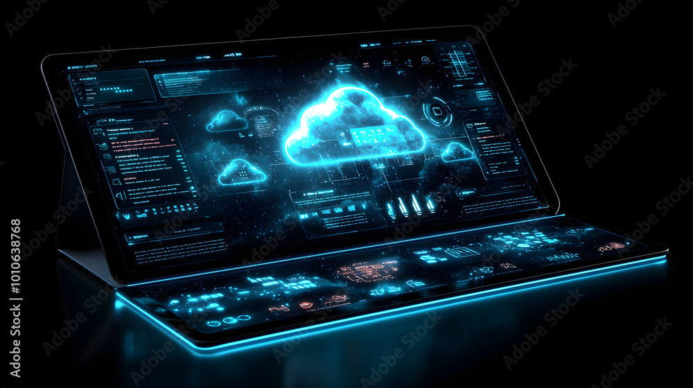 Wall mural futuristic laptop with glowing interface displaying cloud technology and data analytics on a dark ba