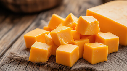 Diced cheddar cheese cubes arranged on rustic wooden surface