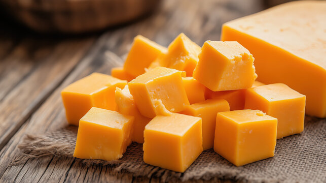 Diced cheddar cheese cubes arranged on rustic wooden surface