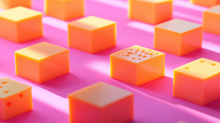 Obraz premium Bright yellow cheese cubes arranged on vibrant pink background create playful scene