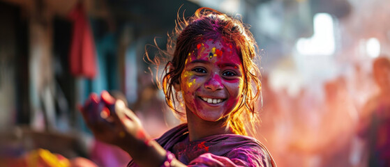 A joyful girl celebrates Holi with vibrant colors in an Indian street during the festival of spring in the afternoon sunlight