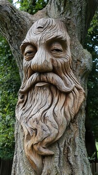 Tree Spirit Carving: A Detailed Wooden Face in Nature