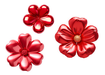 Set of red flower foil balloons 3D on transparent background