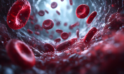 Fototapeta premium A simulation of red and white blood cells circulating in the bloodstream. This dynamic image captures key elements of blood circulation, making it ideal for use in medical, science, and health media.