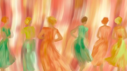 Obraz premium Abstract Silhouettes of Women in Dresses Blurred Brushstroke Style Soft Colors Pastel Tones Feminine Art