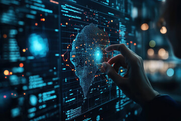 Fototapeta premium Fingers of a man's hand touching a modern high-tech screen with artificial intelligence. Concept of future technologies. Generated by artificial intelligence