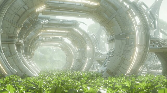Extraterrestrial Encounters: Hyperrealistic 3D Rendering of Futuristic Alien Research Facility Amid Glowing Plant Fields